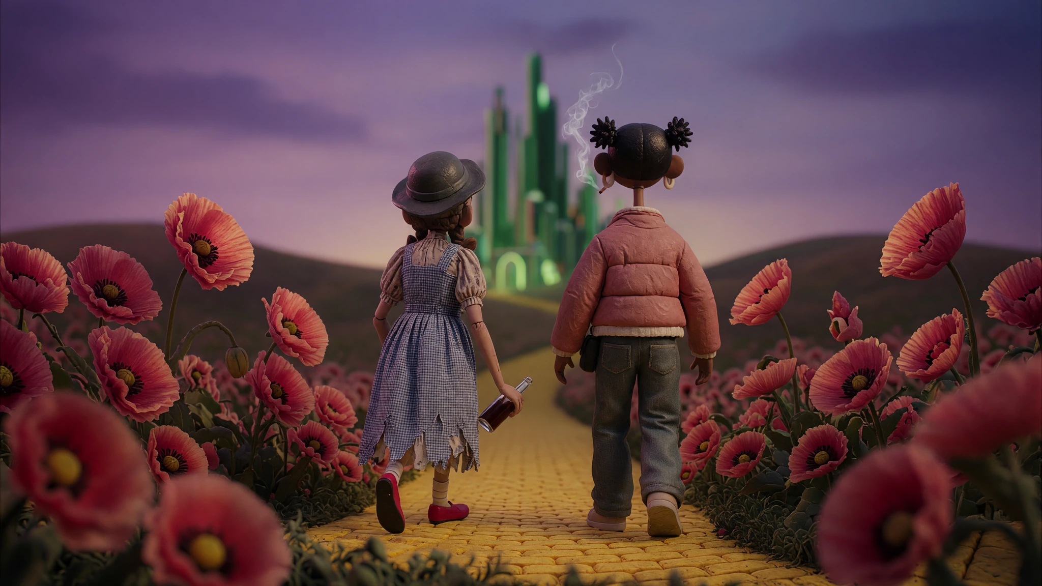 Judy and Aaliyah from behind on the yellow brick road, the Emerald City ahead, bottle in one hand and cigarette in the other
