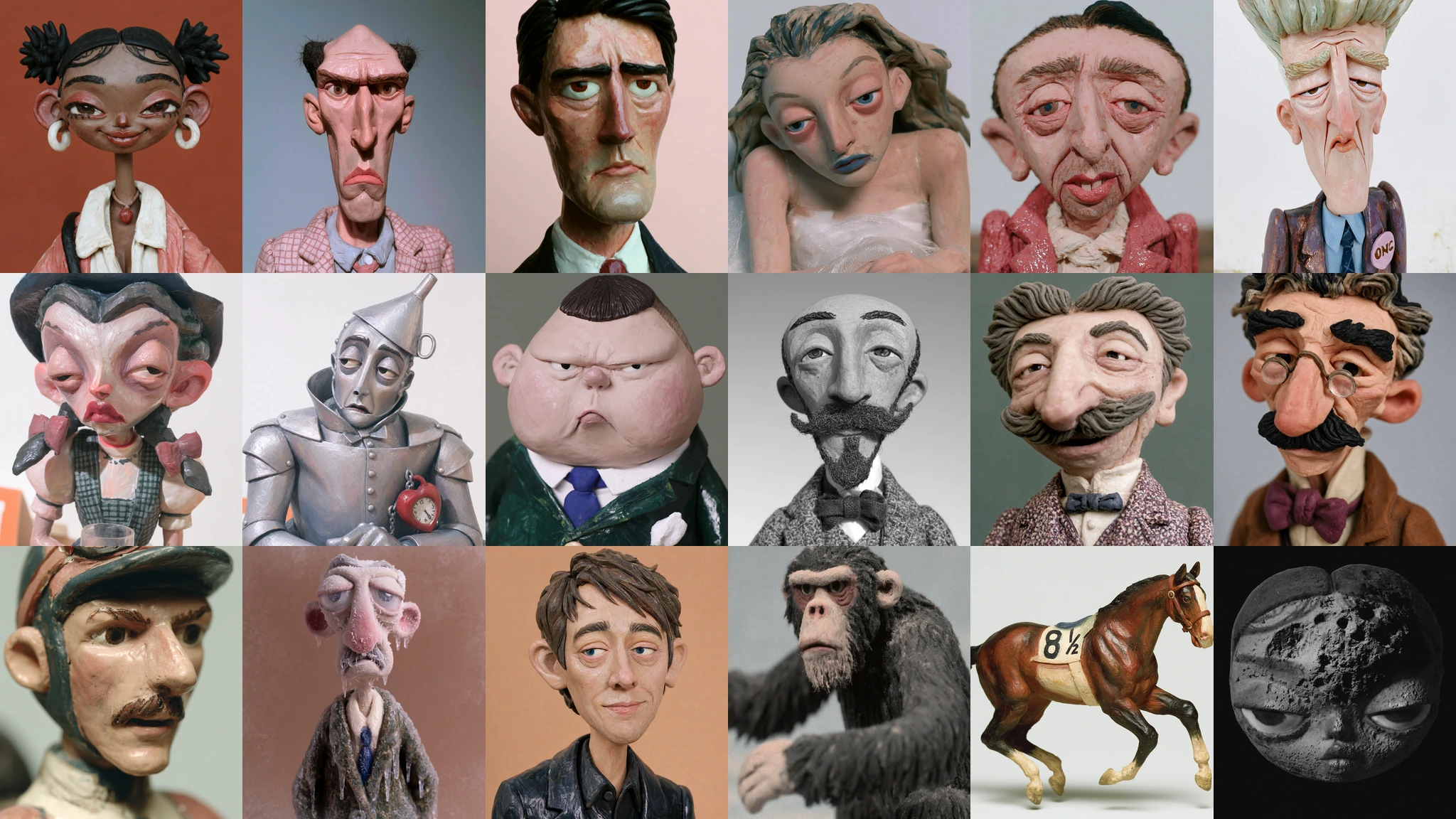 Eighteen clay puppet characters from the film laid out on a terracotta ground, Aaliyah first and the moon last