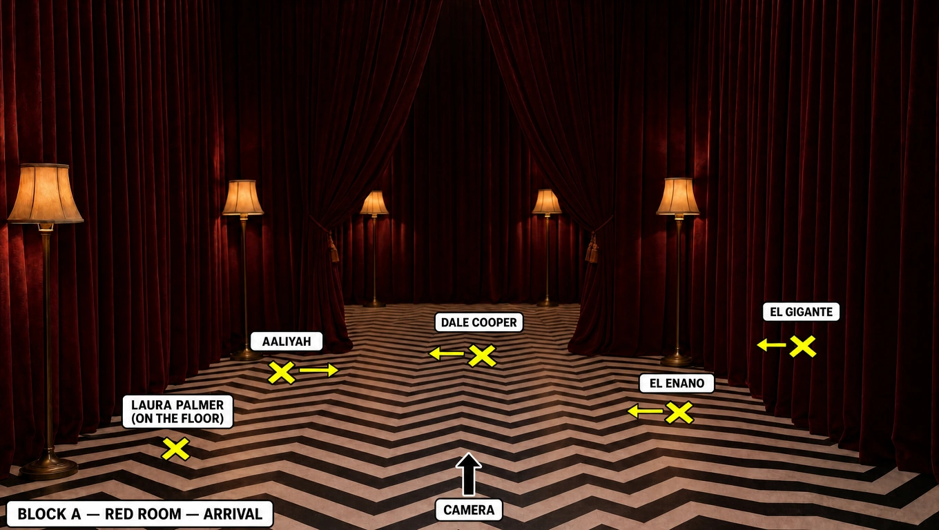 Block A, Red Room, arrival: marks for Aaliyah, Laura Palmer on the floor, Dale Cooper, El Enano and El Gigante, camera facing the curtains