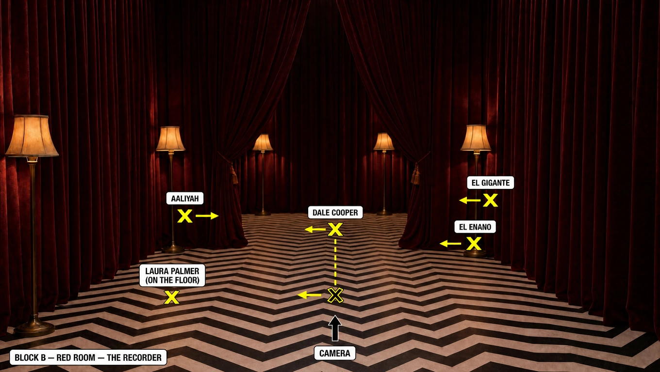 Block B, Red Room, the recorder: the camera moves in to Dale Cooper while the other marks hold