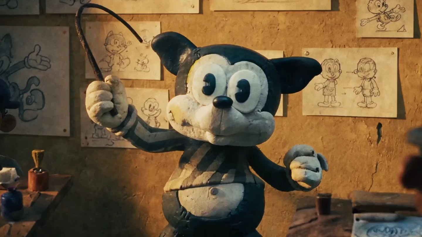 A cartoon mouse gains green shorts and pink mitts on the animator’s wall
